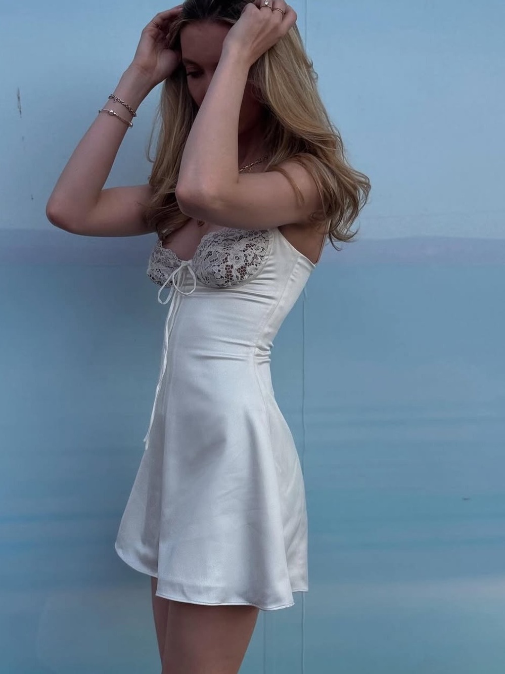 House of CB Ivory Lace-Trim Satin Mini Dress - Picture 4 of 7
